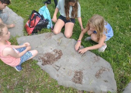 Students creating art using objects found in nature.